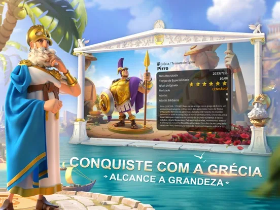 Cena épica de Rise of Kingdoms com um herói grego e o cartão de comandante Pirro.